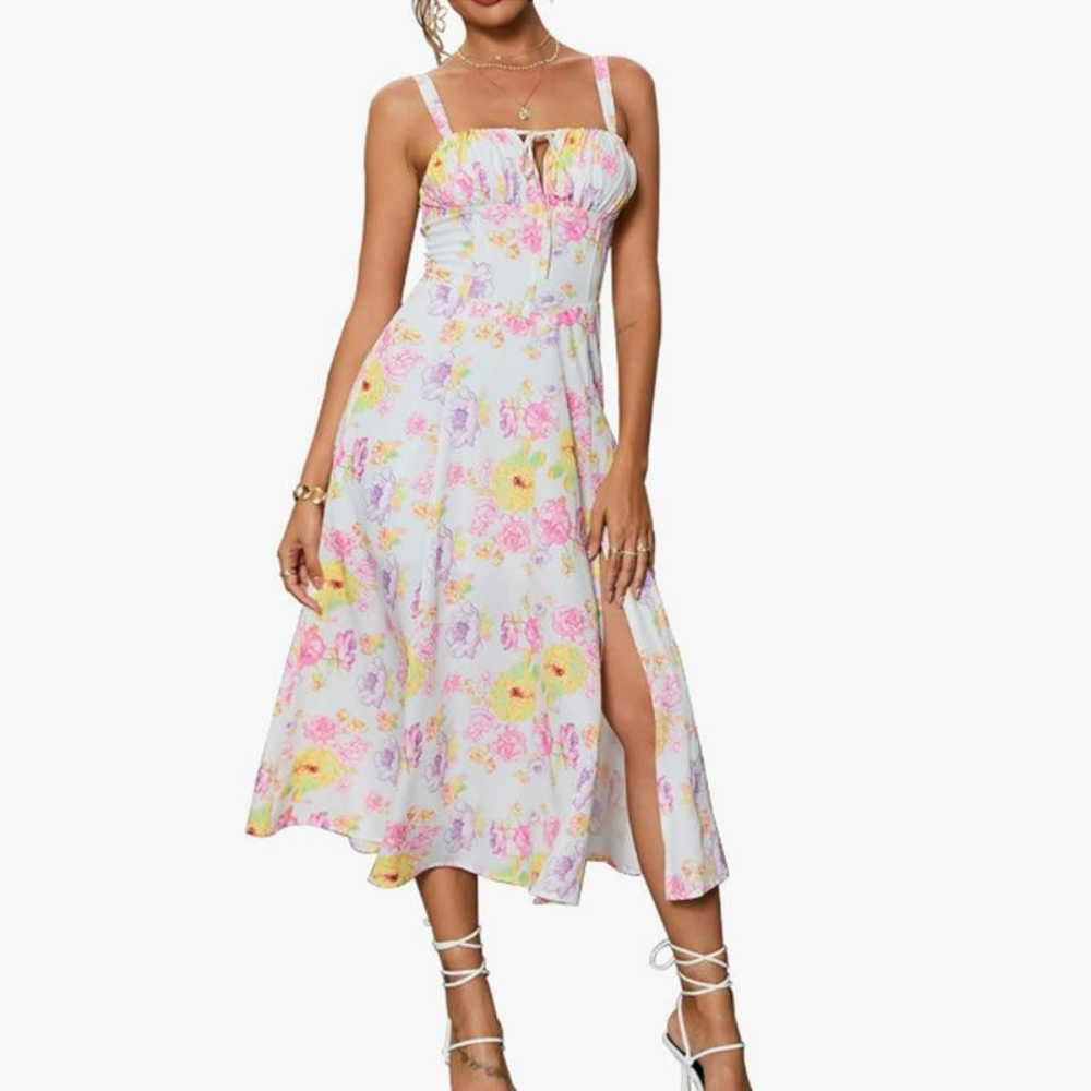 Summer Elegance Midi – Lace-Up Split Dress