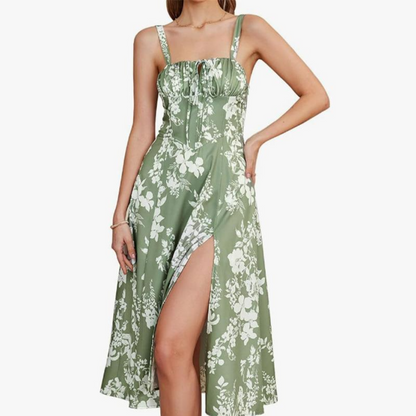 Summer Elegance Midi – Lace-Up Split Dress